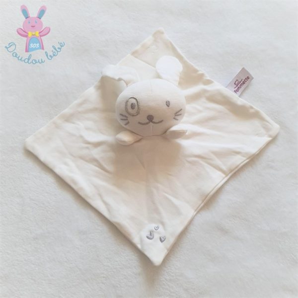 Doudou plat Lapin tissu blanc gris cœurs POMMETTE