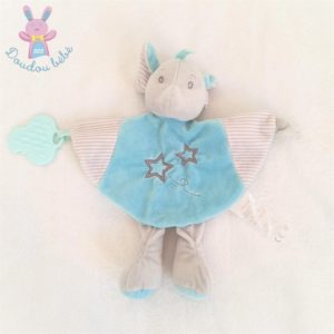 Doudou plat éléphant grelot bleu gris étoiles dentition TOM & KIDDY