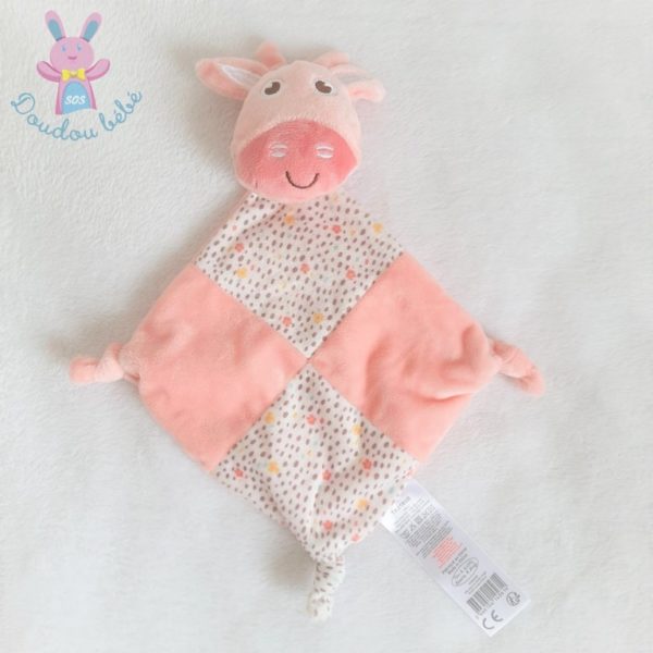 Doudou plat Vache Girafe grelot rose blanc fleurs TOM & KIDDY