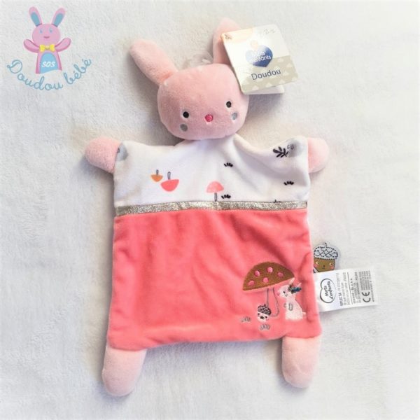 Doudou plat Lapin rose blanc doré champignons MOTS D'ENFANTS