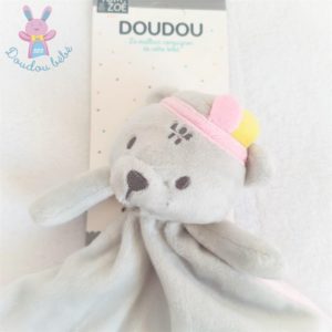 Doudou plat Ours indien gris rose Tom & Zoé