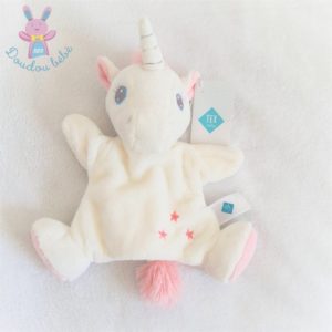 Doudou marionnette Licorne blanc rose brodé étoiles TEX BABY