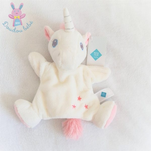 Doudou marionnette Licorne blanc rose brodé étoiles TEX BABY