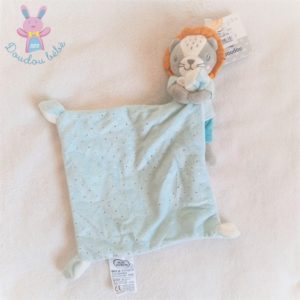 Doudou Lion bleu gris orange mouchoir pois argentés MOTS D’ENFANTS