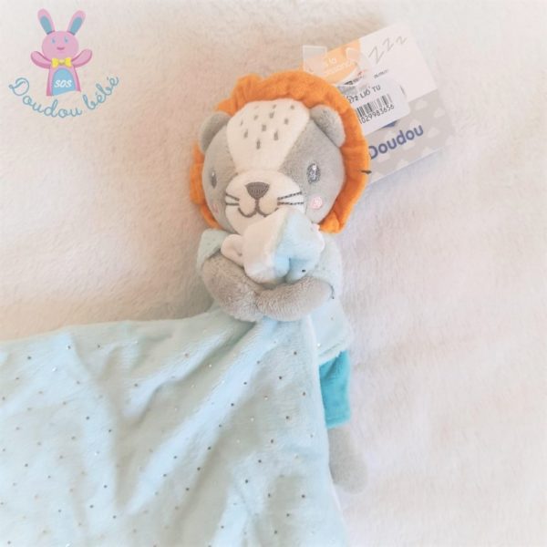 Doudou Lion bleu gris orange mouchoir pois argentés MOTS D'ENFANTS