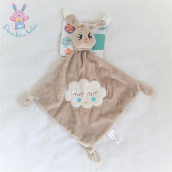 Doudou plat Lapin beige blanc nuage AUCHAN