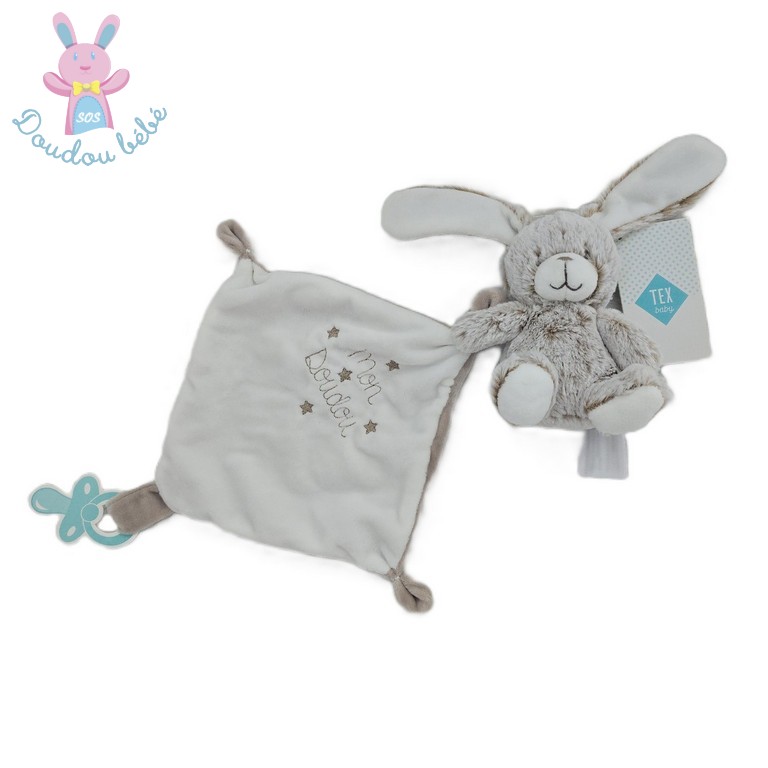 Doudou Lapin beige blanc mouchoir "mon doudou" TEX