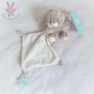 Doudou Lapin beige blanc mouchoir « mon doudou » attache tétine TEX