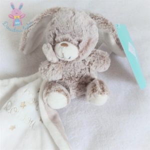 Doudou Lapin beige blanc mouchoir « mon doudou » attache tétine TEX