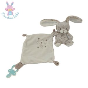 Doudou Lapin beige blanc mouchoir « mon doudou » attache tétine TEX