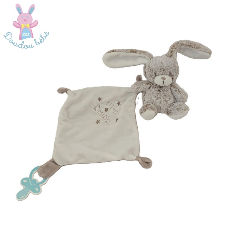 Doudou Lapin beige blanc mouchoir "mon doudou" TEX