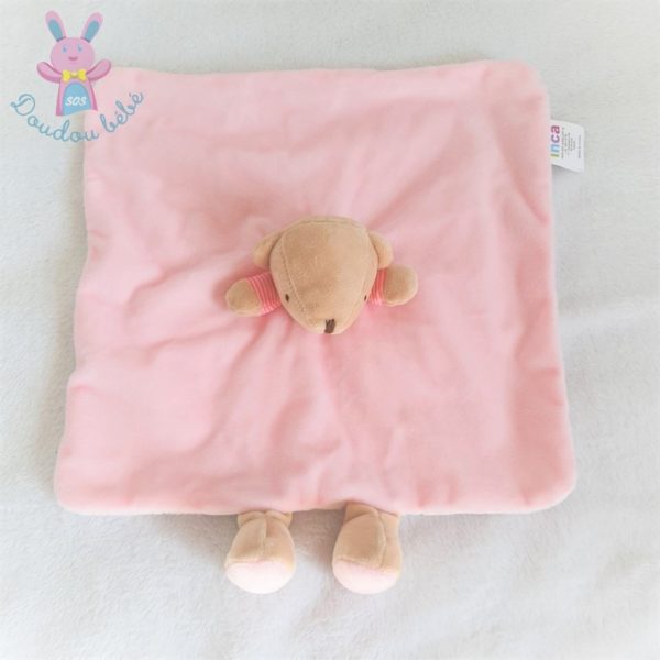 Doudou plat Ours rose beige rayé dessous étoiles gris INCA