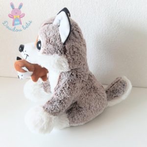 Doudou Chien Husky et bébé blanc marron chiné DOHO INTERNATIONAL