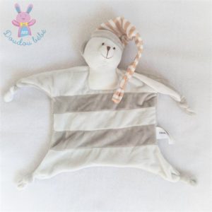 Doudou plat Ours rayé gris blanc bonnet beige blanc Crédit Mutuel