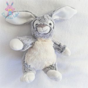 Doudou peluche Lapin fourrure gris chiné et blanc 21 cm I2C