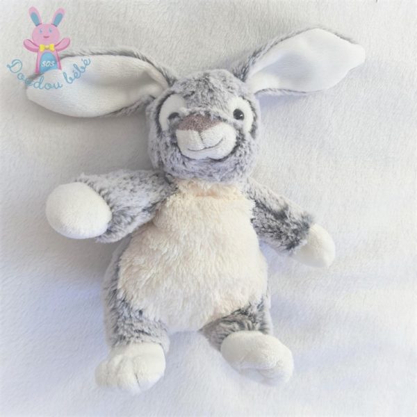 Doudou Lapin fourrure gris chiné et blanc 21 cm I2C