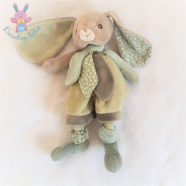 Doudou Lapin beige vert fleurs pétales chaussettes BUKOWSKI