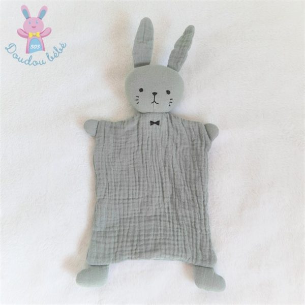 Doudou plat Lapin lange vert noir nœud papillon