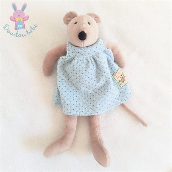 Doudou Souris La grande famille beige robe bleu MOULIN ROTY