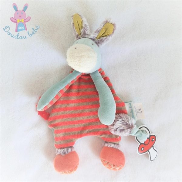 Doudou plat Ane Biscotte et Pompon bleu rayé rouge MOULIN ROTY