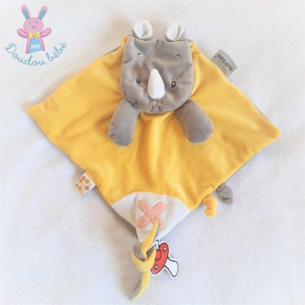 Doudou plat Rhinocéros Buddiezzz jaune taupe blanc NATTOU