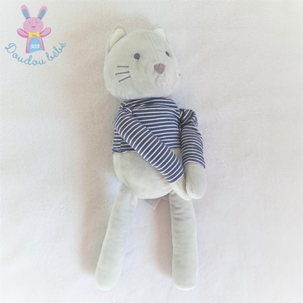 Doudou Chat gris pull rayé bleu marine blanc OBAIBI OKAIDI