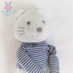 Doudou Chat gris pull rayé bleu marine blanc OBAIBI OKAIDI