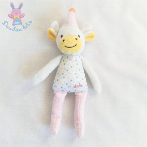 Doudou Vache Girafe rose blanc jaune à pois chapeau DODIE