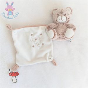 Doudou Ours marron blanc mouchoir “mon doudou” attache tétine TEX