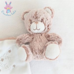 Doudou Ours marron blanc mouchoir “mon doudou” attache tétine TEX