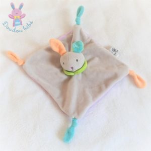 Doudou plat Lapin gris mauve et coloré Système U Tout Petits