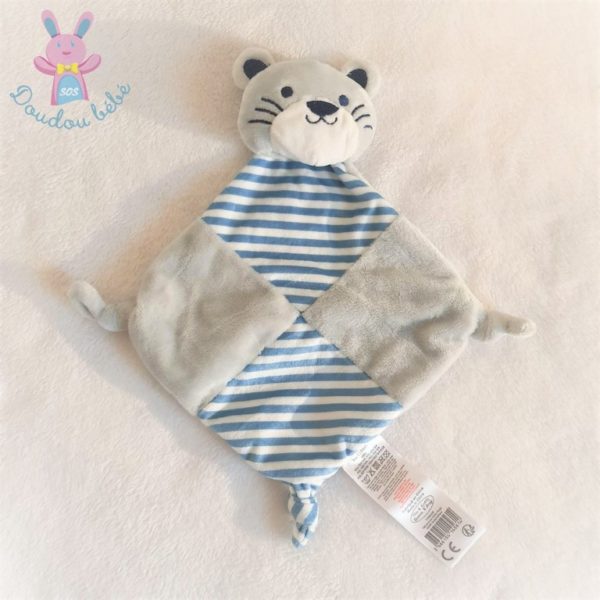 Doudou plat Chat Tigre grelot gris bleu blanc rayé TOM & KIDDY