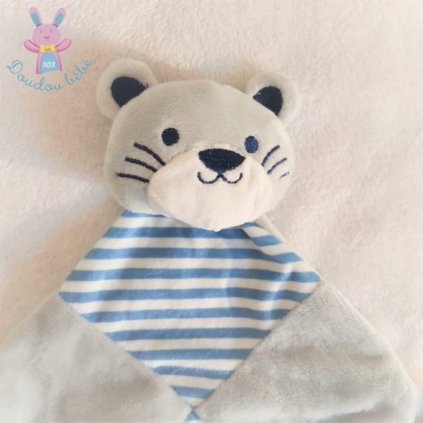 Doudou plat Chat Tigre grelot gris bleu blanc rayé TOM & KIDDY