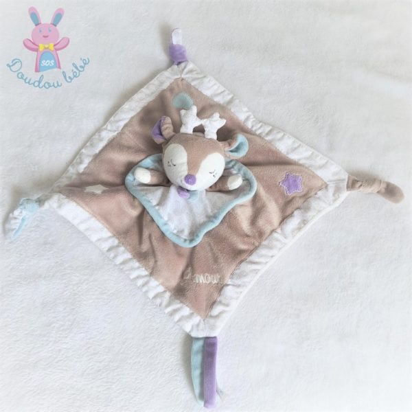 Doudou plat Cerf grelot Amour beige blanc mauve bleu SAUTHON