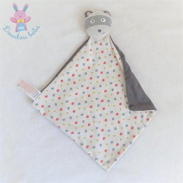 Doudou plat Renard Raton laveur masque gris blanc motifs VERTBAUDET