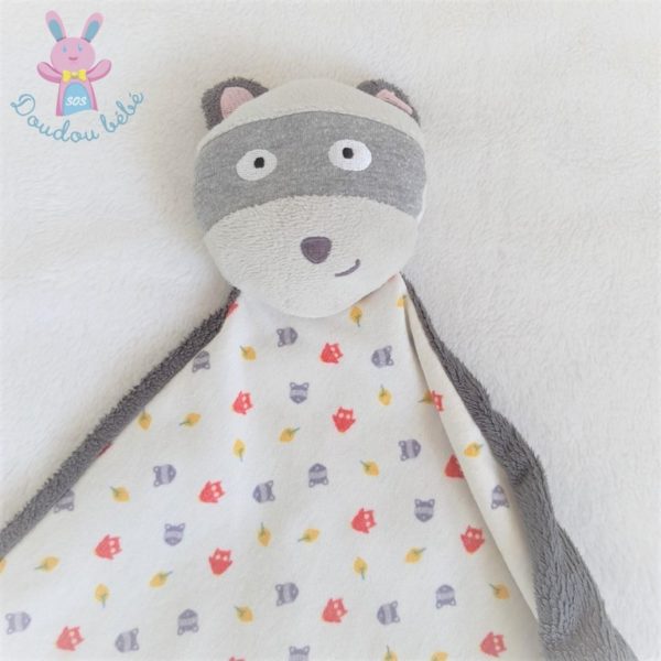 Doudou plat Renard Raton laveur masque gris blanc motifs VERTBAUDET