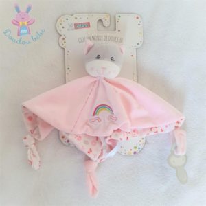 Doudou plat Chat rose gris arc en ciel attache tétine GIPSY