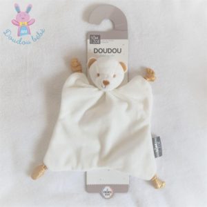 Doudou plat Ours tout doux blanc doré or Tom & Zoé