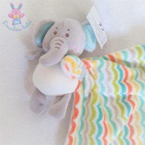 Doudou éléphant gris blanc bleu mouchoir motif vagues SHIMA