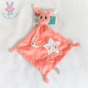 Doudou plat Lapin rose saumon blanc étoile lune AUCHAN