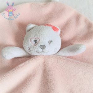 Doudou plat Chat rond demoiselle rose blanc CANDIDE