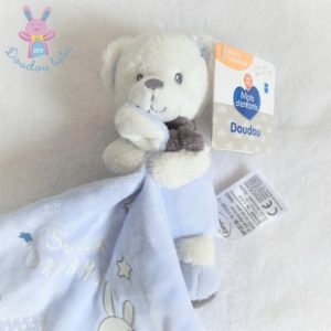 Doudou Ours bleu blanc mouchoir sweet dreams MOTS D’ENFANTS