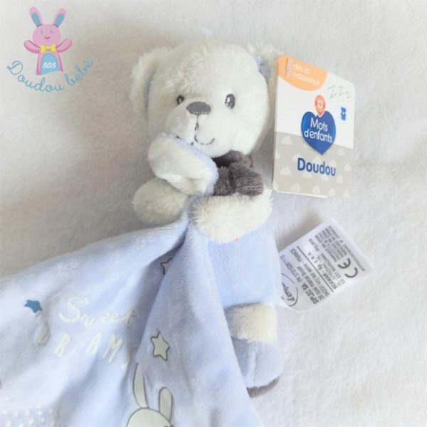 Doudou Ours bleu blanc mouchoir sweet dreams MOTS D'ENFANTS