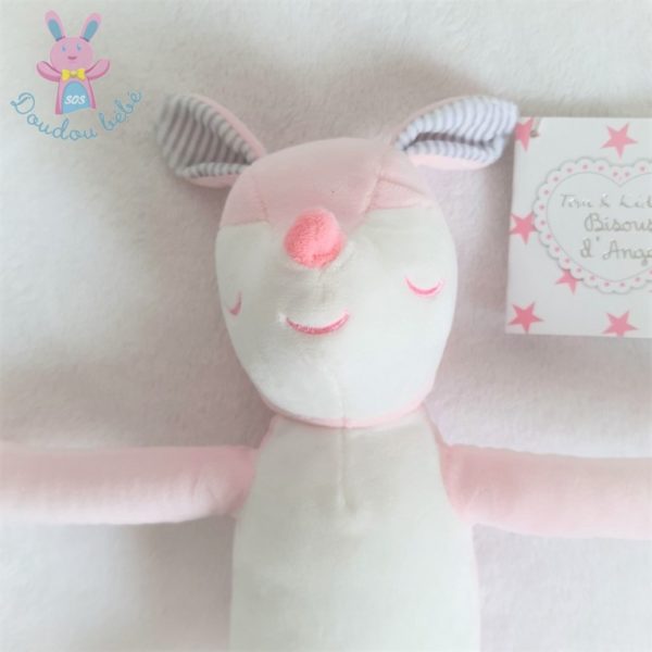 Doudou Biche rose blanc yeux dormeurs oreilles rayé TOM & KIDDY