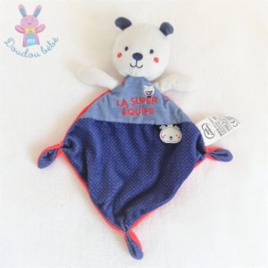 Doudou plat Ours Super équipe bleu rouge blanc MOTS D’ENFANTS