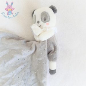 Doudou Panda gris blanc mouchoir pois argentés MOTS D’ENFANTS