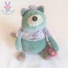 Doudou Chat vert gris petit oiseau rose Les Pachats MOULIN ROTY