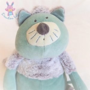 Doudou Chat vert gris petit oiseau rose Les Pachats MOULIN ROTY