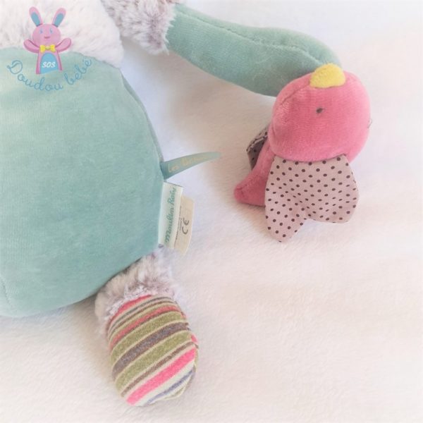 Doudou Chat vert gris petit oiseau rose Les Pachats MOULIN ROTY