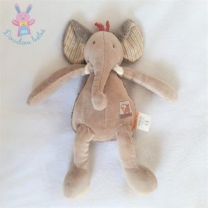 Doudou éléphant Les Papoum beige crème rayé jaune MOULIN ROTY